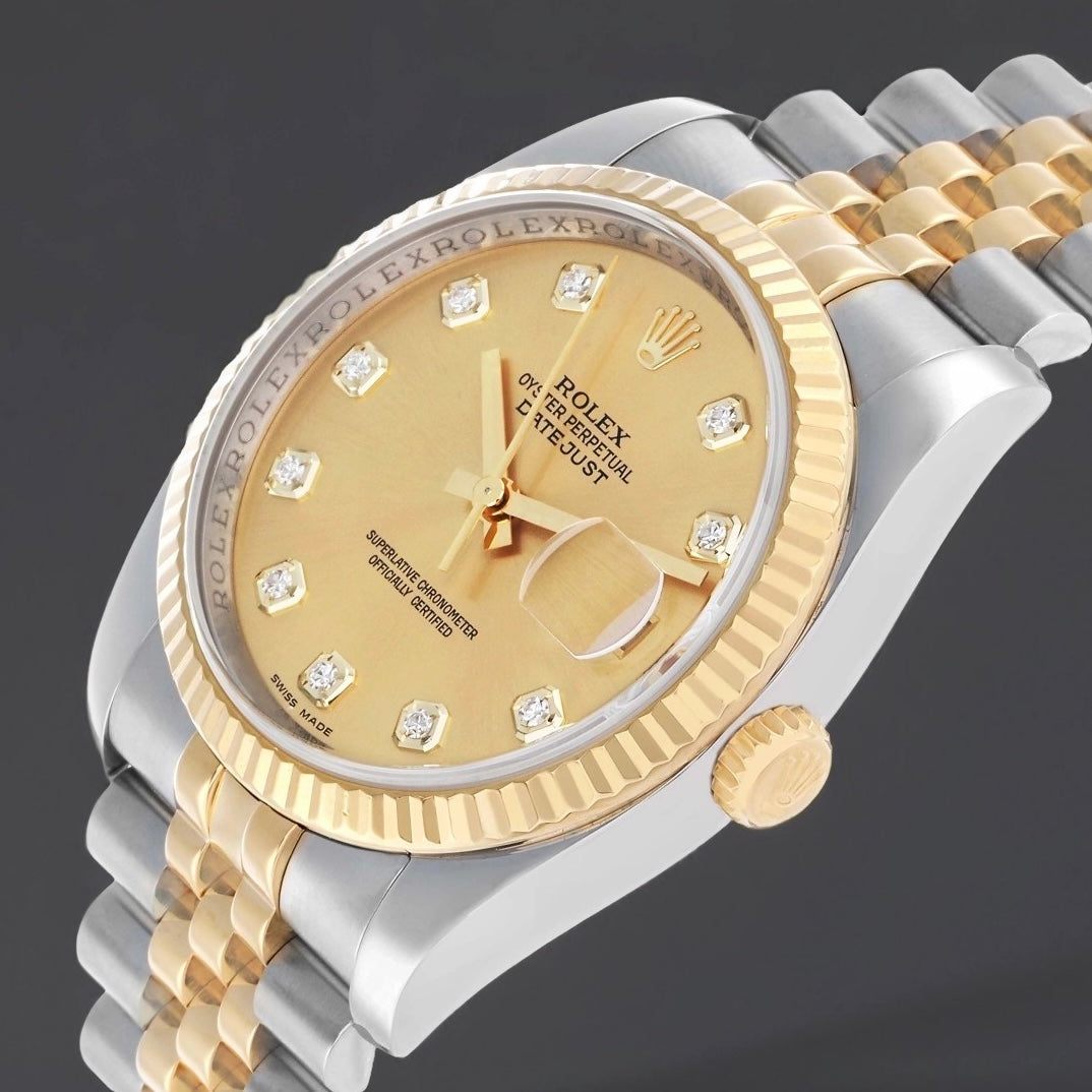 Rolex Datejust 36 Steel Yellow Gold Champagne Diamond Dial Watch