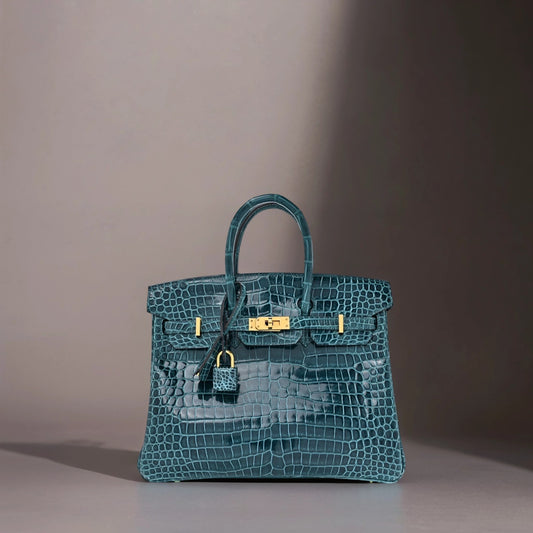 Shiny Porosus Crocodile Birkin 25 Vert Bosphore