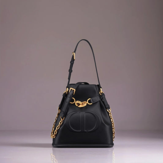 Calfskin CD Embossed Medium C'est Chain Bucket Bag Black