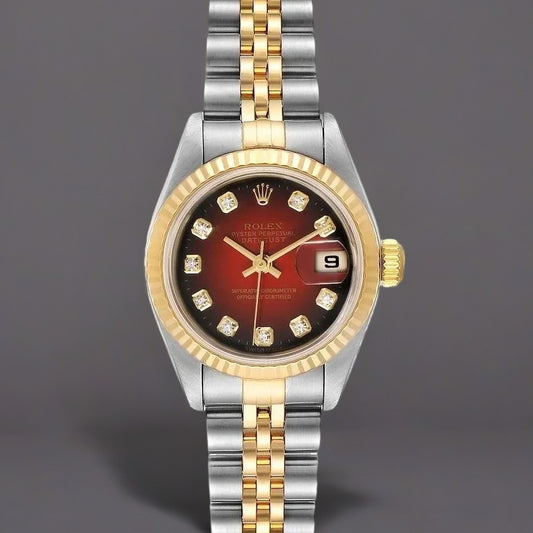 Rolex Datejust 26mm Steel Yellow Gold Red Vignette Diamond With Hidden Clasp