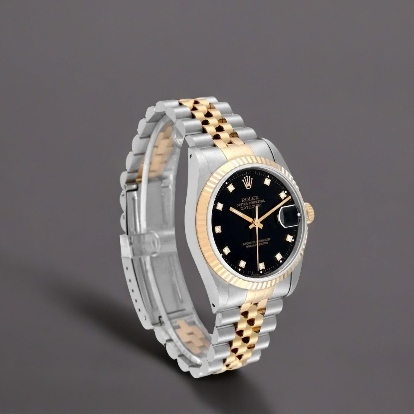 Rolex Datejust 36 Steel Yellow Gold Black Diamond Dial Mens Watch