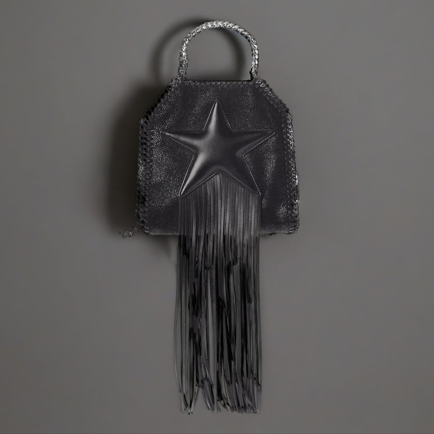 Shaggy Deer Fringe Falabella Star Tiny Tote Black