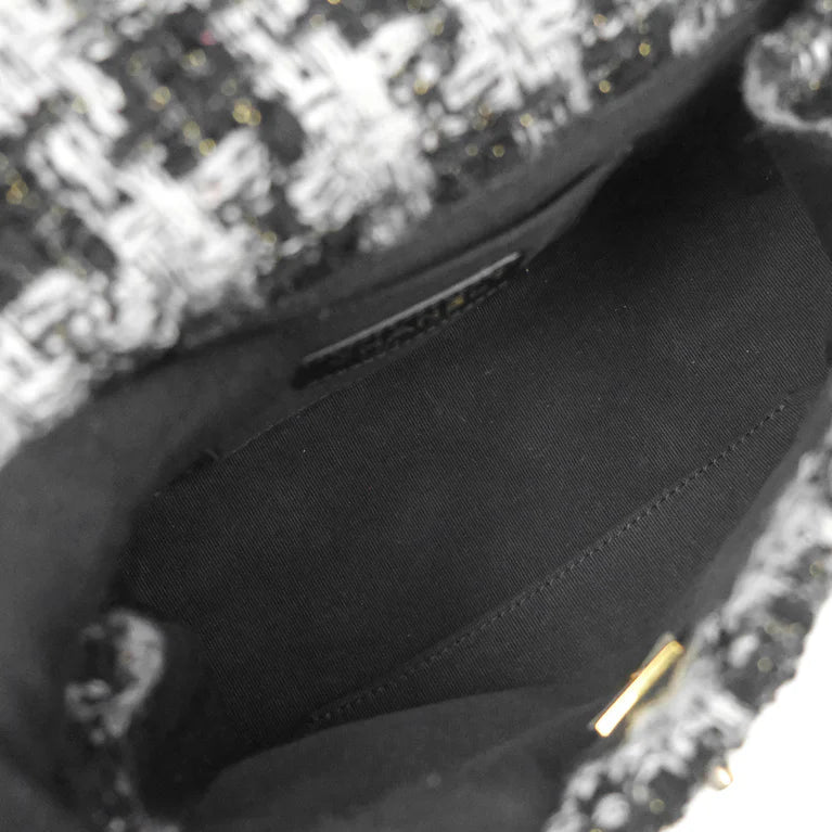 CHANEL Mini Flag Bag Black & Grey Tweed Aged Gold Hardware