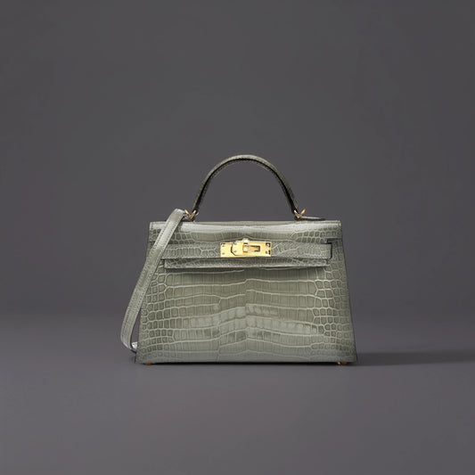 Shiny Alligator Mini Kelly Sellier 20 Gris Ciment