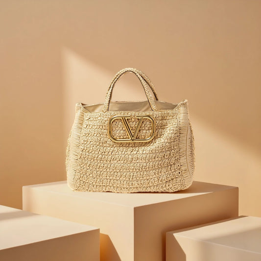 Valentino Natural Woven Raffia In.It Top Handle Bag