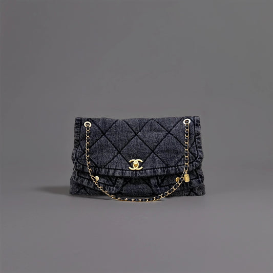 Chanel Black Washed Denim Maxi Flapbag