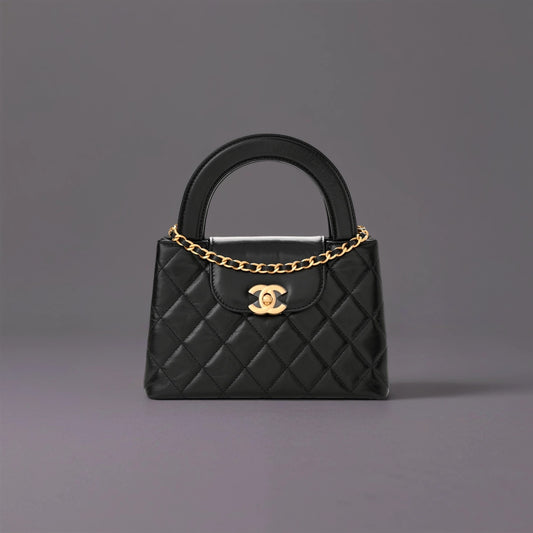 Shiny Aged Calfskin Quilted Nano Kelly Shopper Black