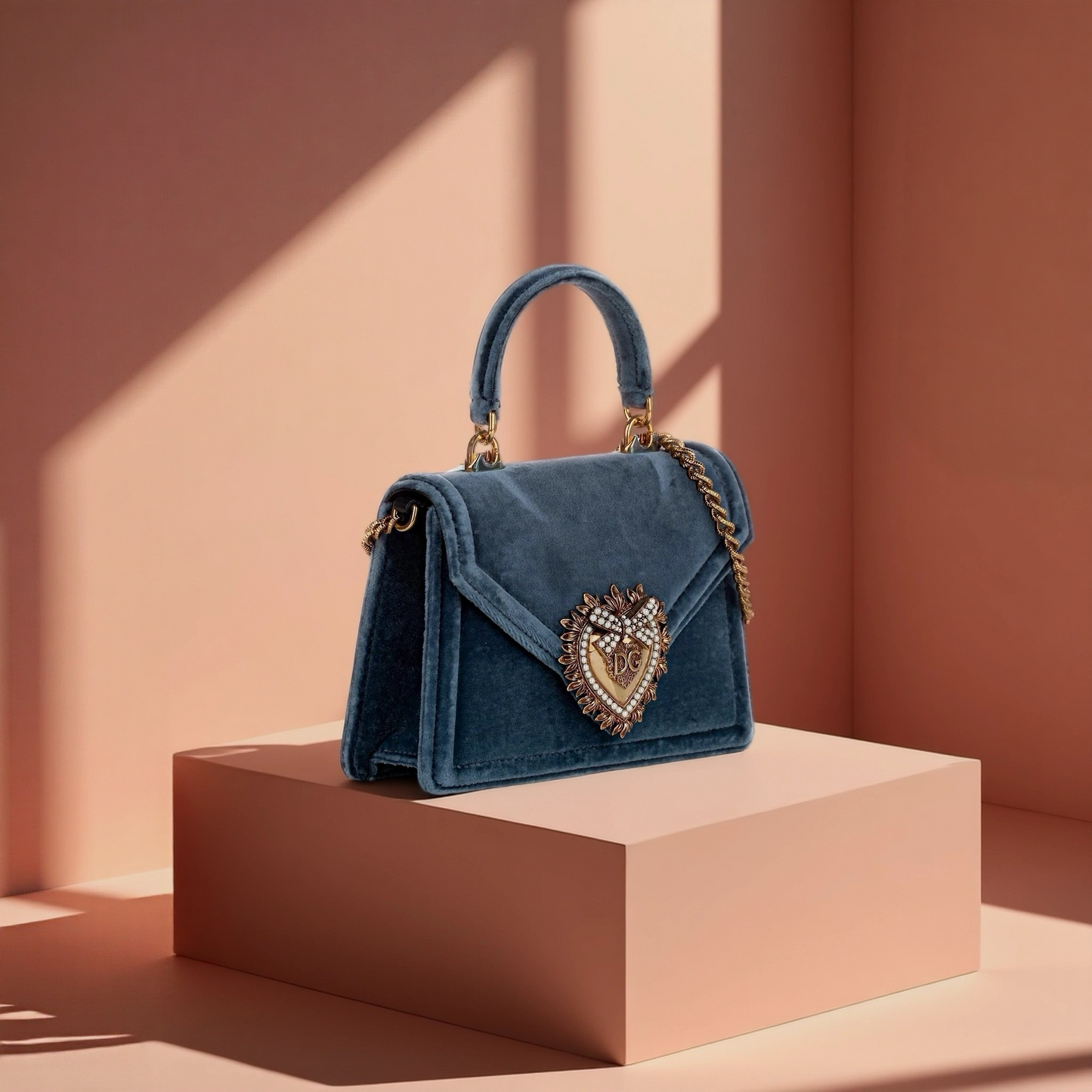 Dolce&Gabbana Blue Small Devotion Velvet Satchel