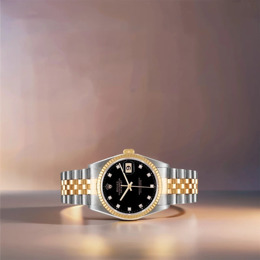 Rolex Datejust 36mm Steel Yellow Gold Black Diamond Dial Watch
