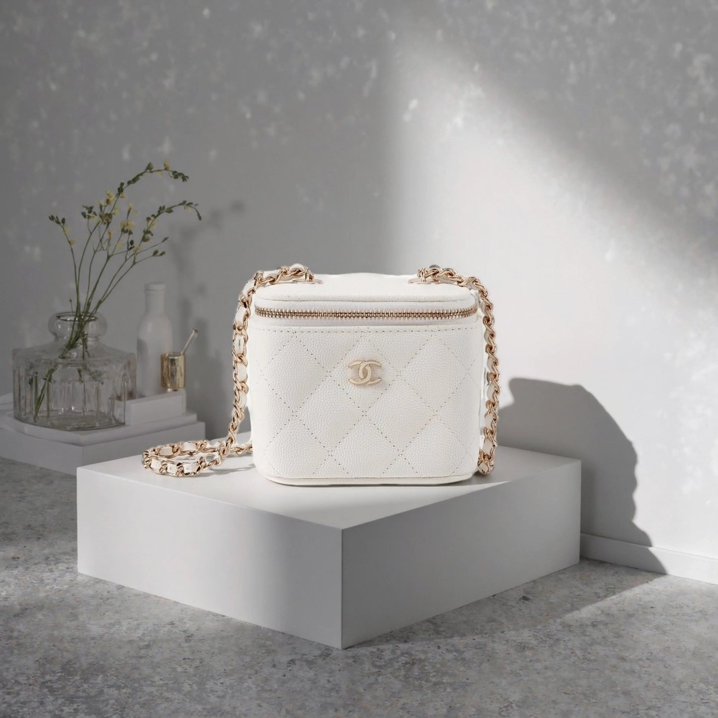 White Quilted Caviar Small Vanity with Chain Gold Hardware