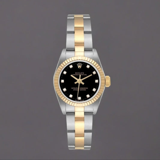 Rolex Oyster Perpetual Steel Yellow Gold Black Diamond Dial Watch