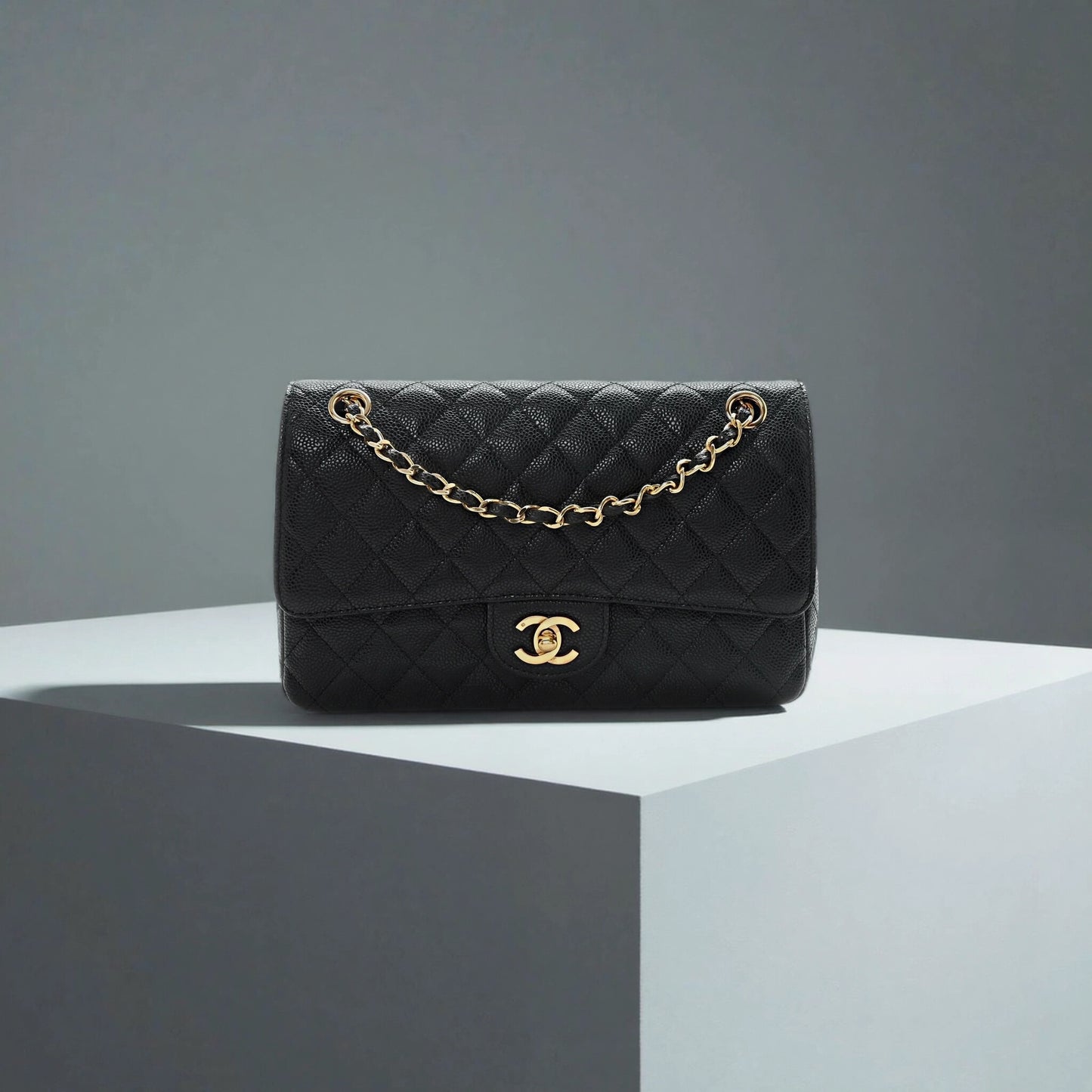 Caviar Quilted Medium Double Flap Black