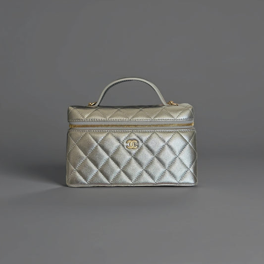 Metallic Caviar Quilted Top Handle Slim Vanity Case With Chain Silver