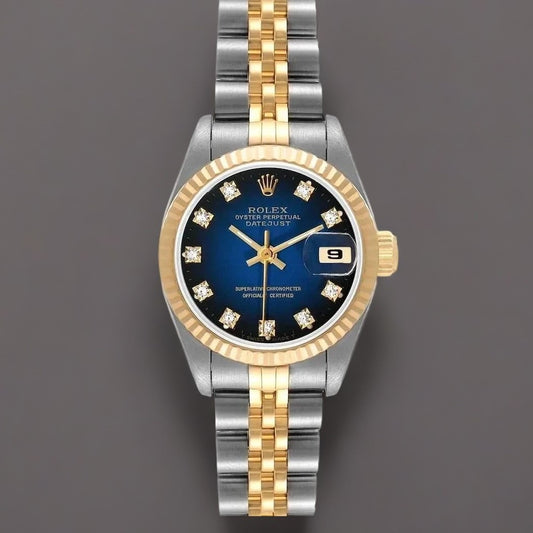 Rolex Datejust 26mm Steel Yellow Gold Blue Vignette Diamond Dial Watch