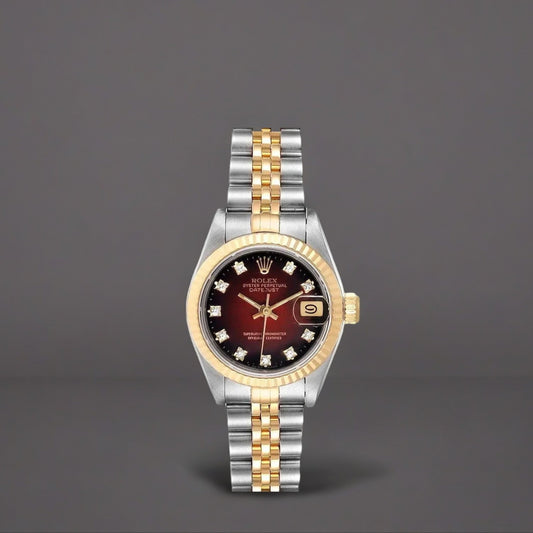 Rolex Datejust 26mm Steel Yellow Gold Red Vignette Diamond Watch