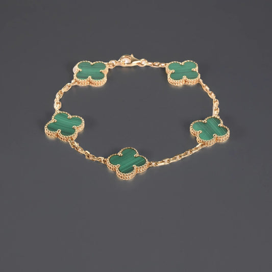 18K Yellow Gold Malachite 5 Motifs Vintage Alhambra Bracelet