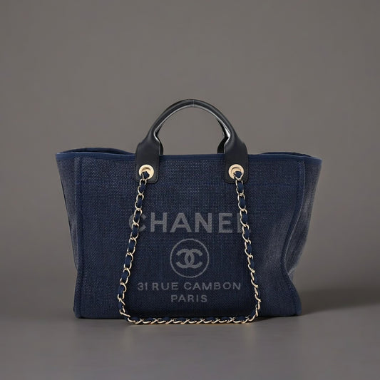 Woven Straw Raffia Medium Deauville Tote Navy