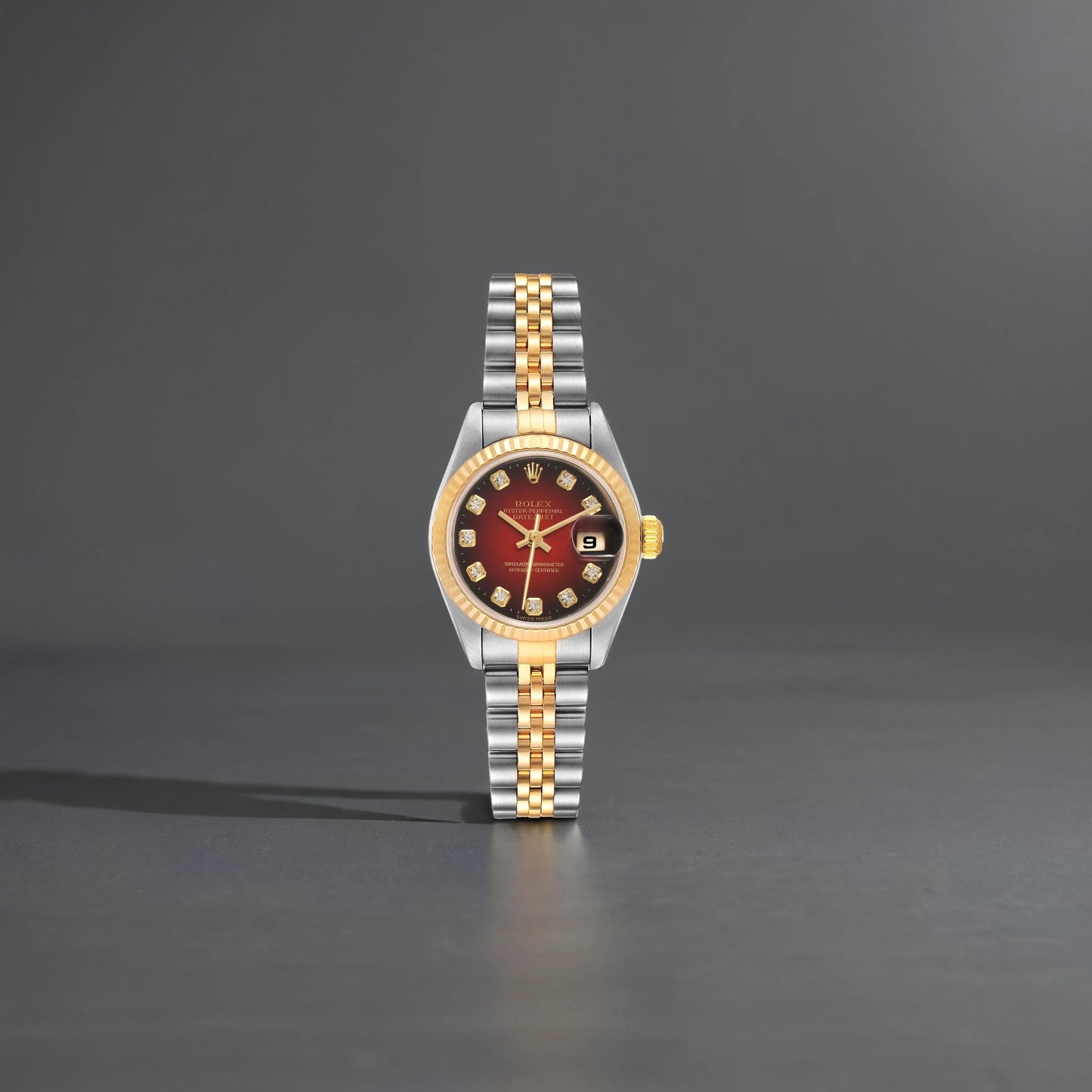 Rolex Datejust 26mm Steel Yellow Gold Red Vignette Diamond With Hidden Clasp