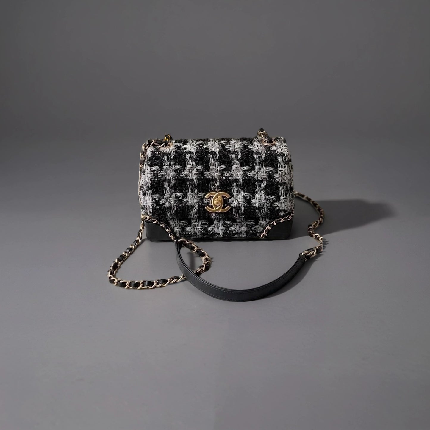 CHANEL Mini Flag Bag Black & Grey Tweed Aged Gold Hardware