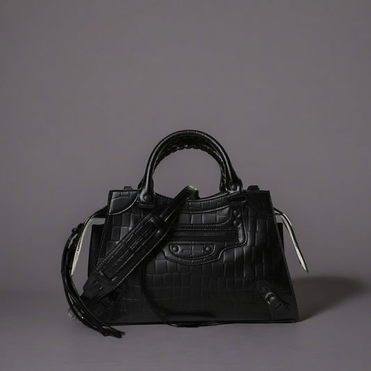 Semi Shiny Calfskin Crocodile Embossed Neo Classic Black Hardware S City Black
