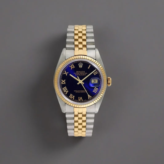 Rolex Datejust 36mm Steel Yellow Gold Blue Roman Dial Watch