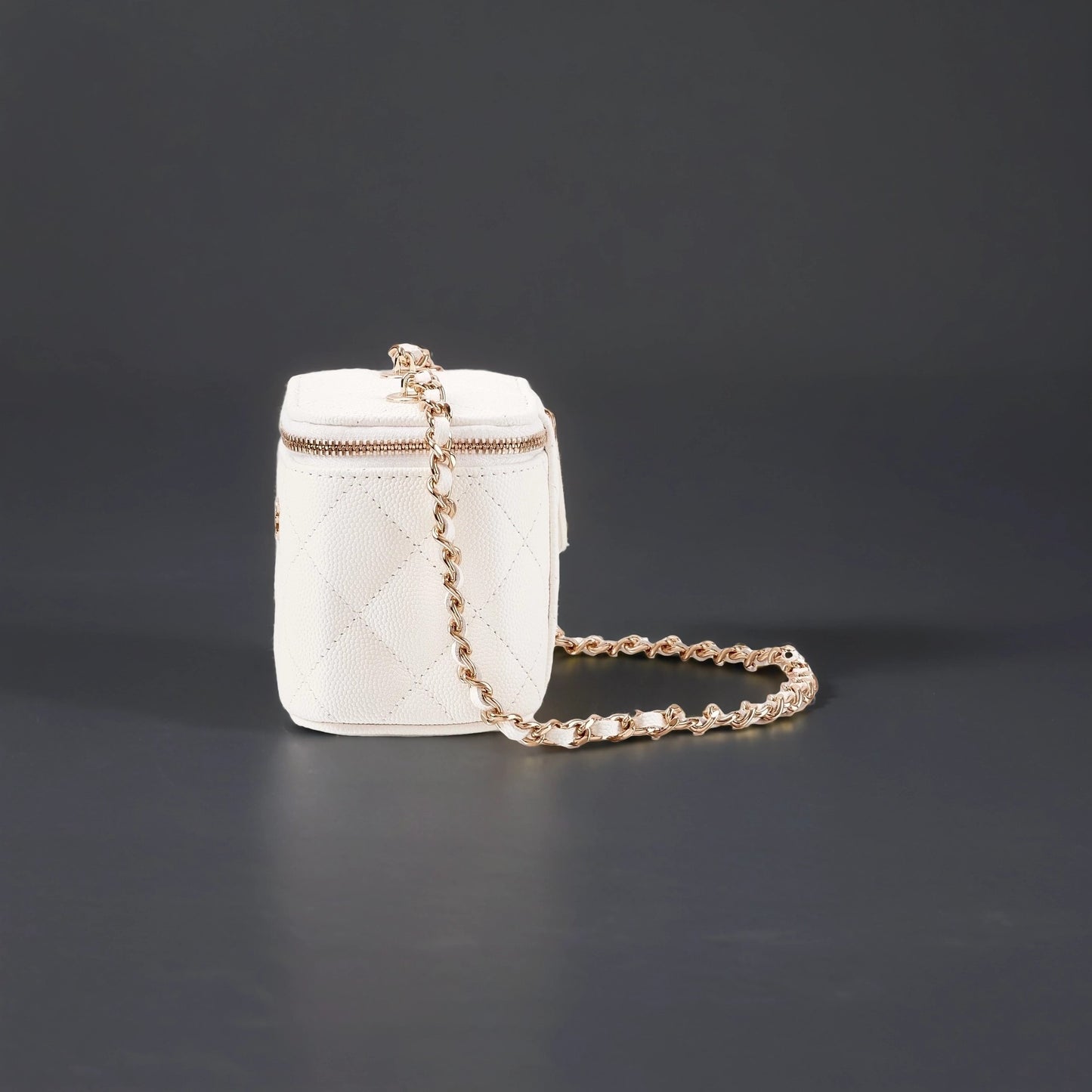 White Quilted Caviar Small Vanity with Chain Gold Hardware