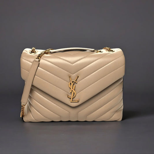 Calfskin Y Quilted Monogram Medium Loulou Chain Satchel Dark Beige