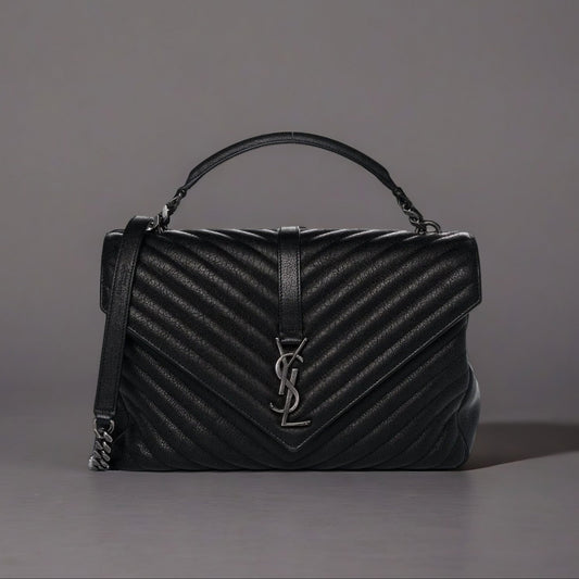 Sheepskin Matelasse Chevron Monogram Large College Satchel Black