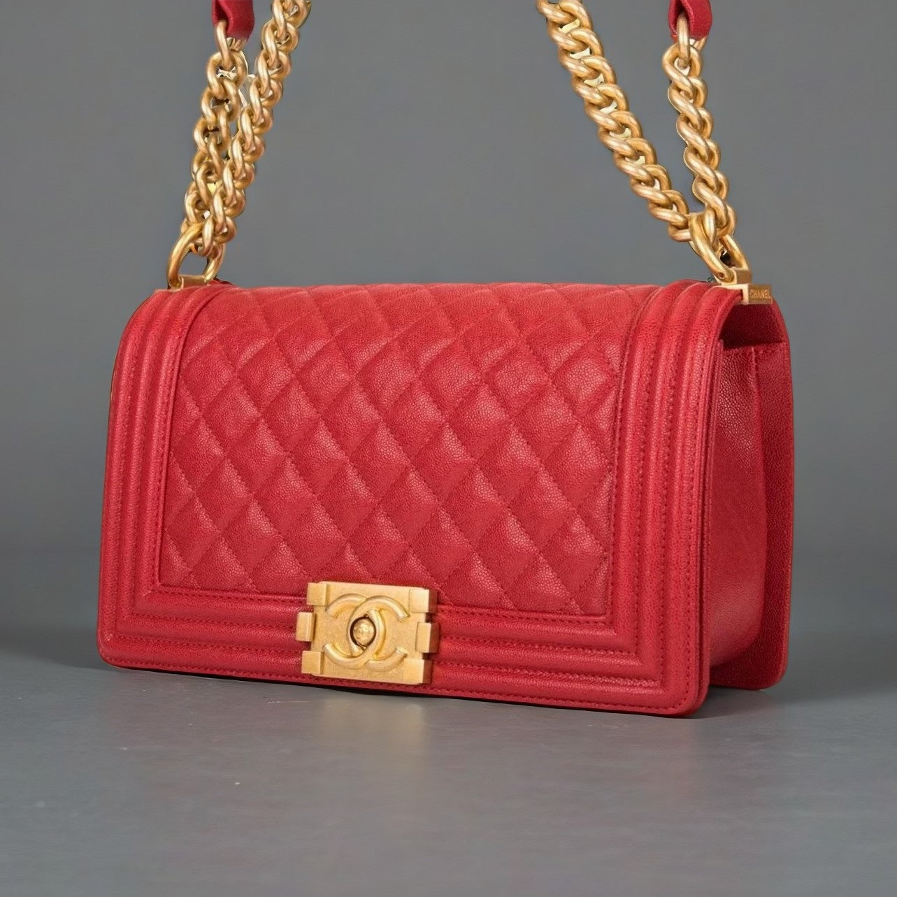 Chanel Red Quilted Caviar Medium Boy Bag Antique Gold Hardware